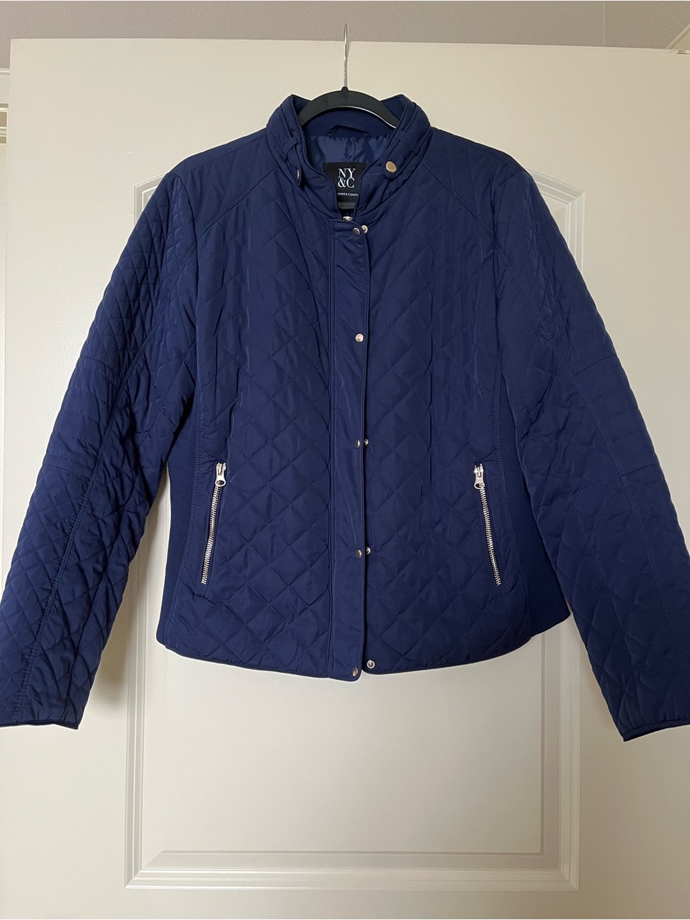 New York & Company Womens' Navy Quilted Puffer Jacket with Silver Zippers